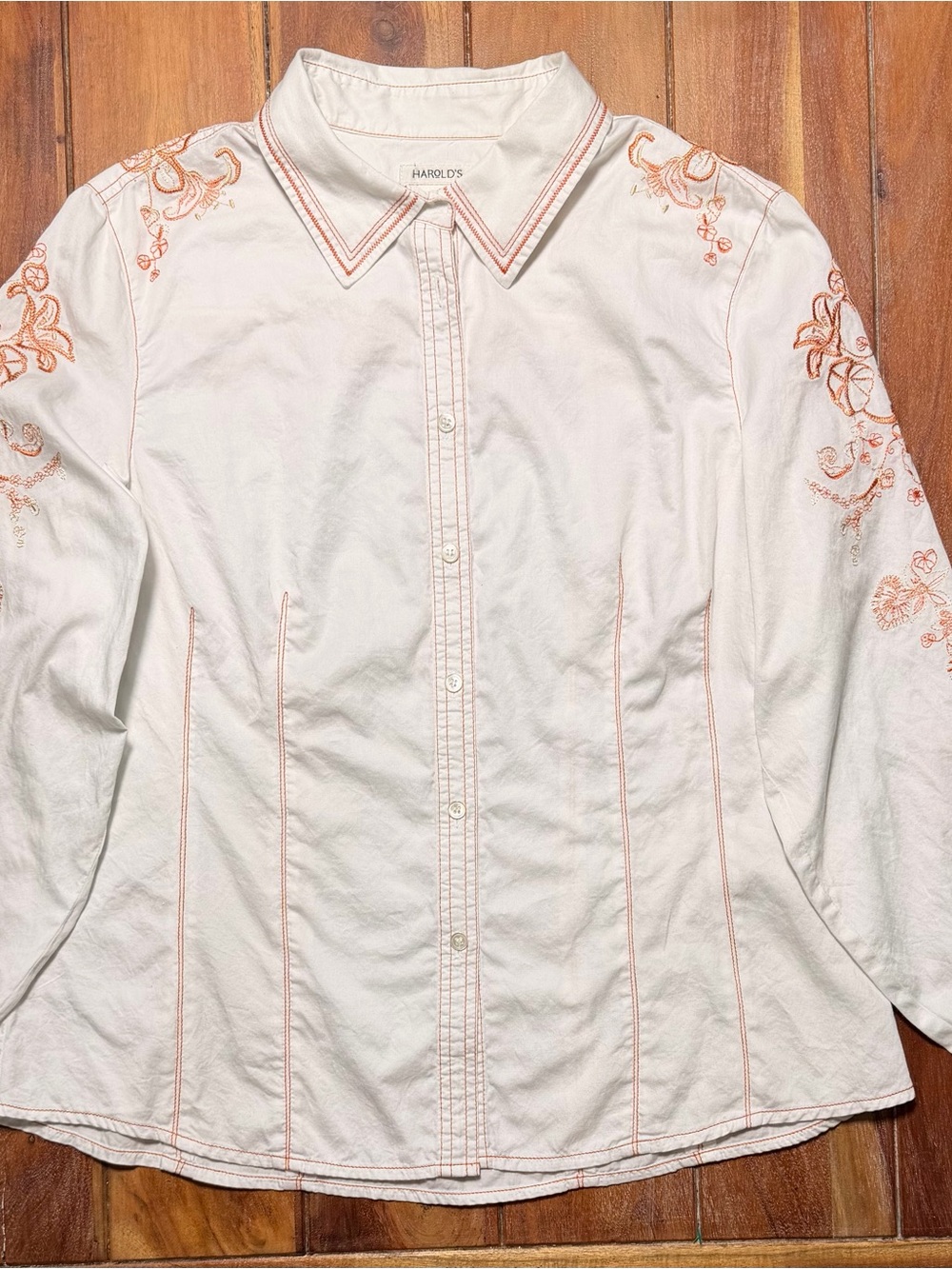 Harold’s White Cotton Embroidered Button Down Shirt XL Orange Floral